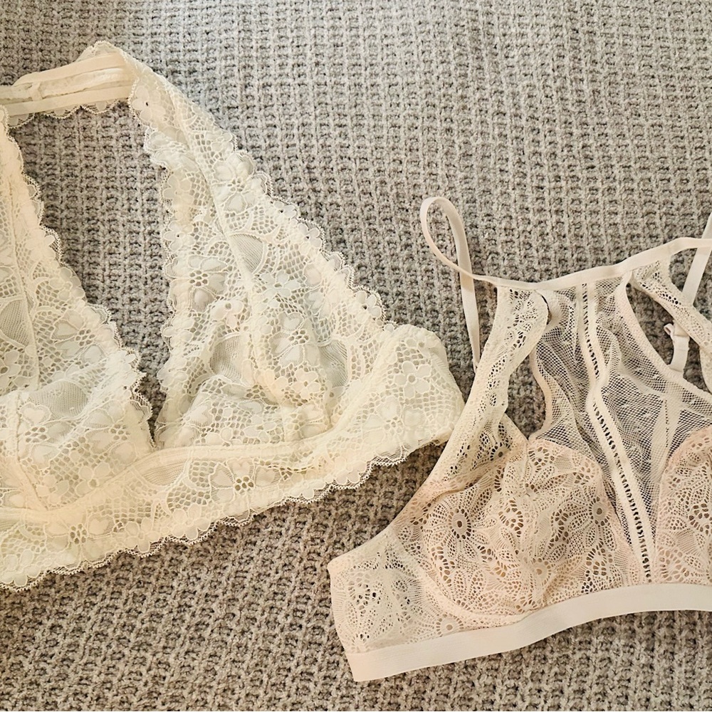 Free People Lace Bralette Set in Cream and Tan